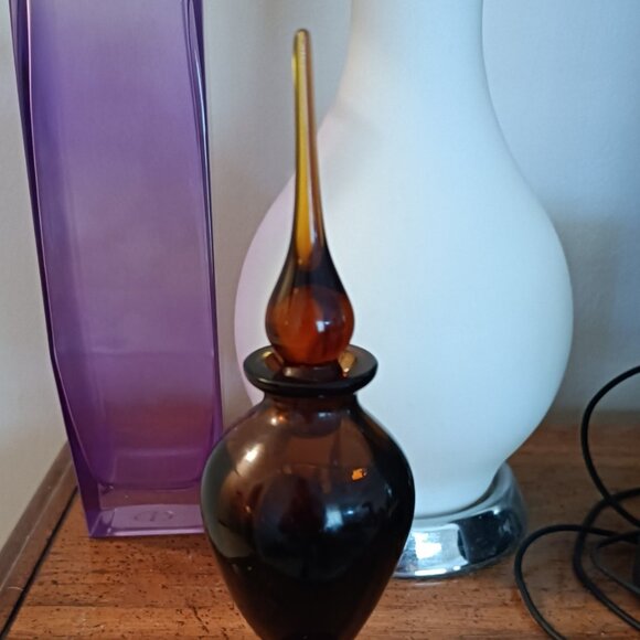 Vintage Art Glass Perfume Bottle Amber Large Glass Stopper - Picture 3 of 6